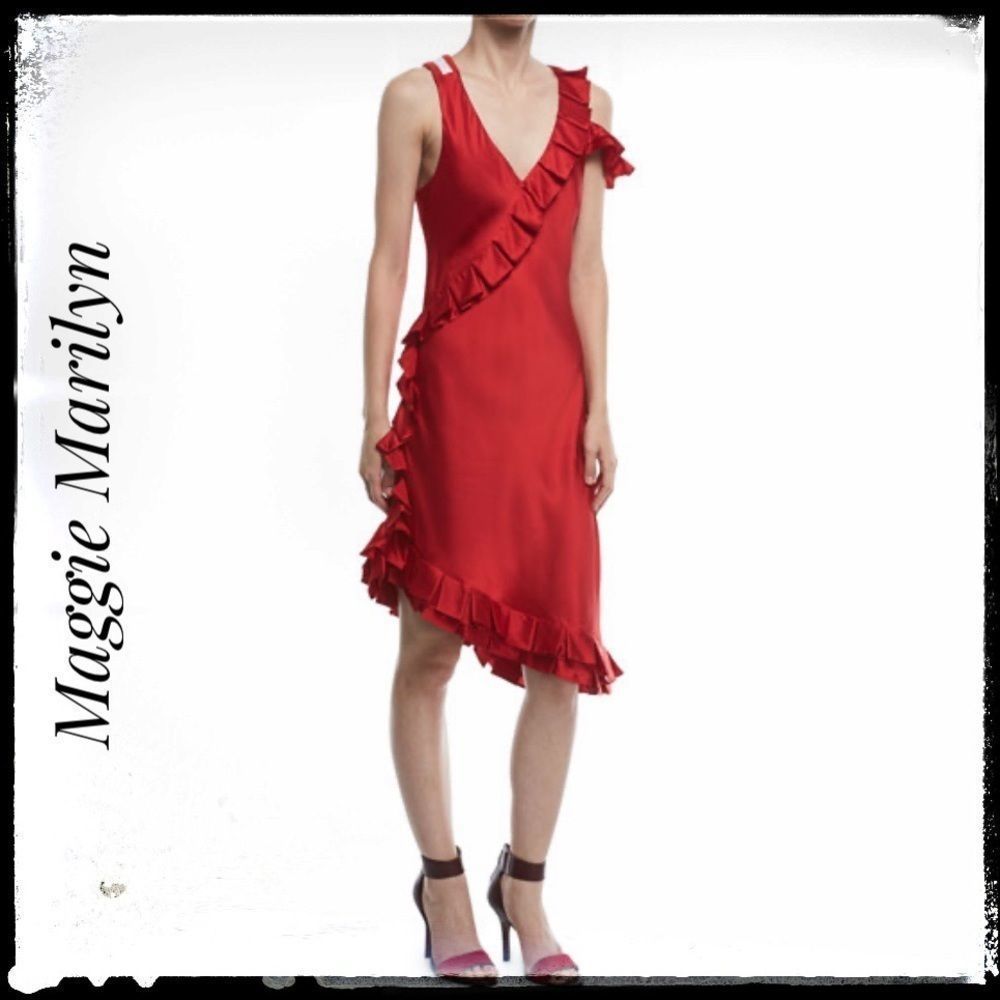 RED SILK DRESS Pure Silk 100% with Ruffles Size 8 Medium